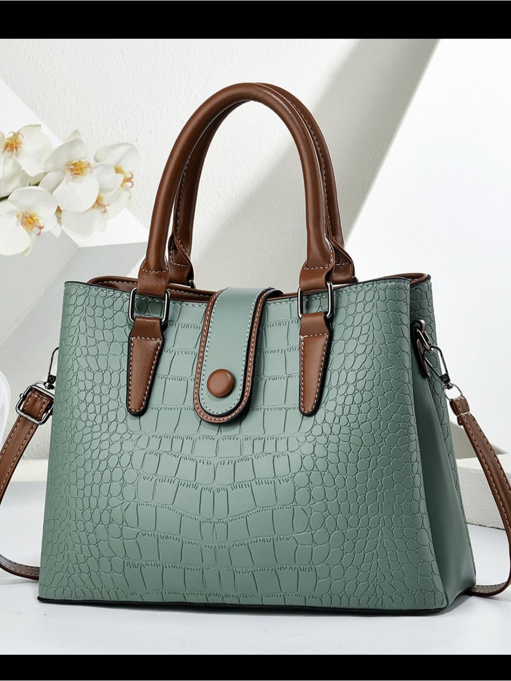 Green Croc-Embossed Satchel Handbag with Brown Trim
